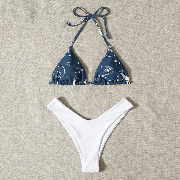 

Graphic Print Triangle High Cut Bikini Swimsuit, Blue and white