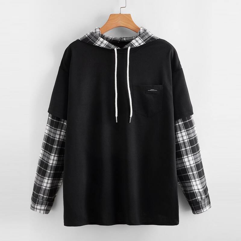 

2 In 1 Plaid Letter Drawstring Hoodie, Black
