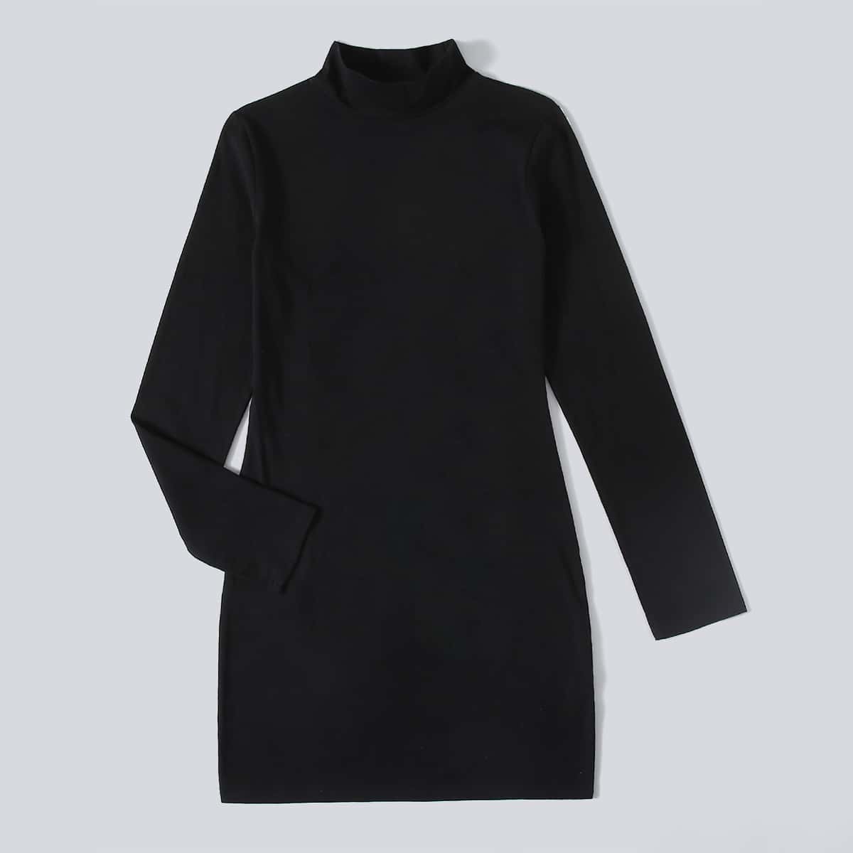

Mock Neck Solid Dress, Black