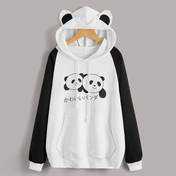 

Plus 3D Ear Design Japanese & Panda Print Hoodie, Black and white