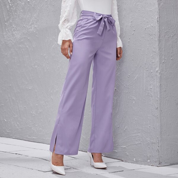 

High Waist Belted Wide Leg Pants, Pastel lilac purple