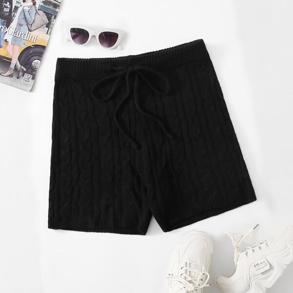 

Plus Solid Drawstring Waist Knit Shorts, Black