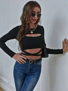 後鏤空十字交叉繫帶短版T恤 - 黑色 - 查看 5