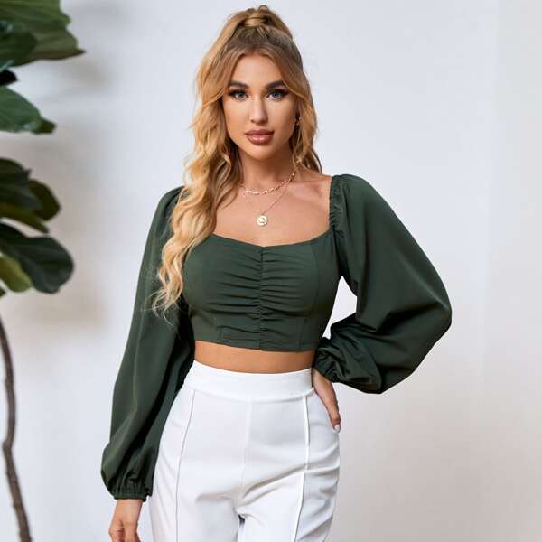 

Lantern Sleeve Ruched Crop Top, Dark green