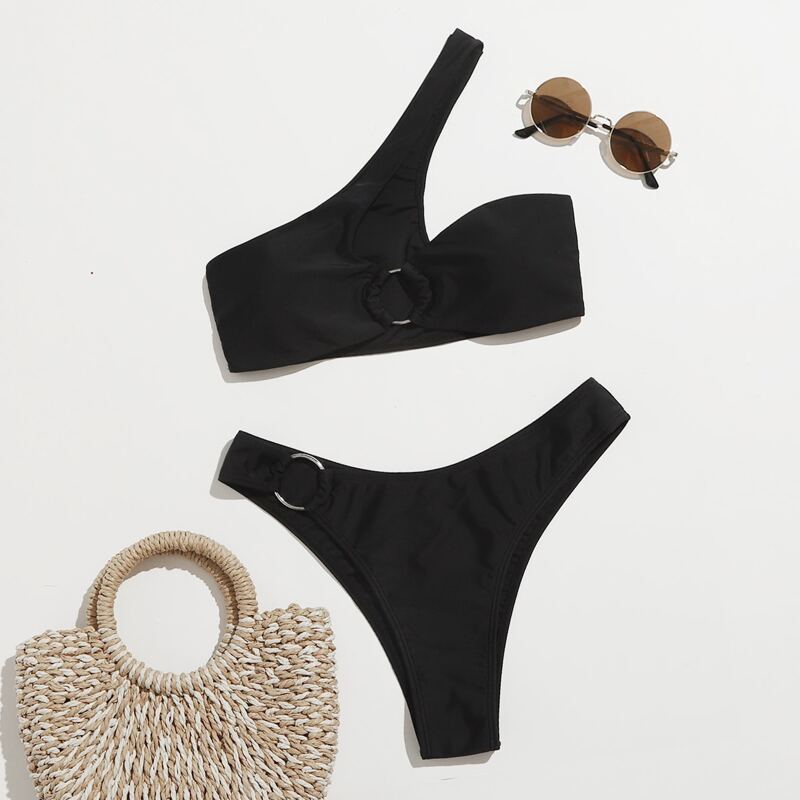

One Shoulder O-ring Linked High Cut Bikini Swimsuit, Black