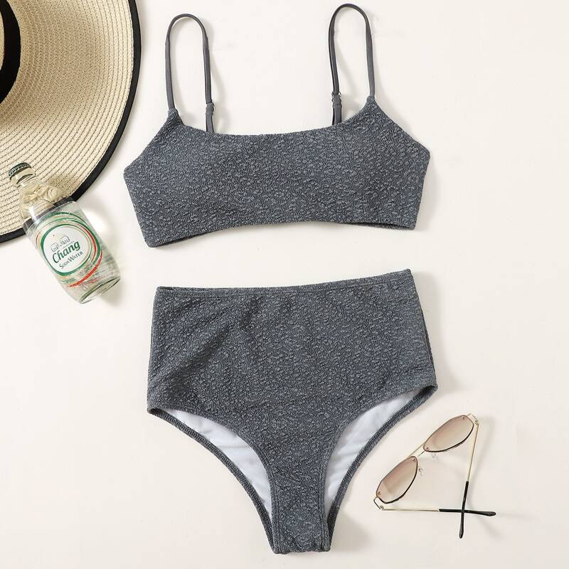 

Solid High Waist Bikini Swimsuit, Dark grey