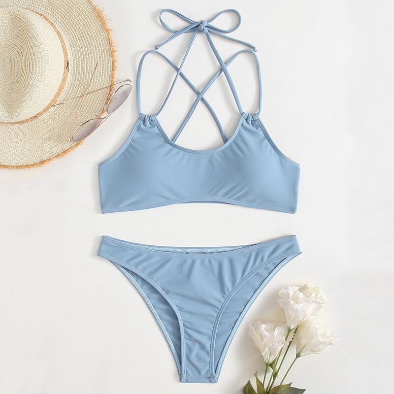 

Solid Criss Cross Bikini Swimsuit, Baby blue
