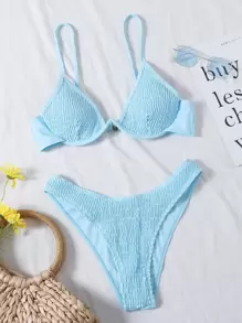 Smocked Underwire High Cut Bikini Set Summer Beach - Baby Blue - View 1