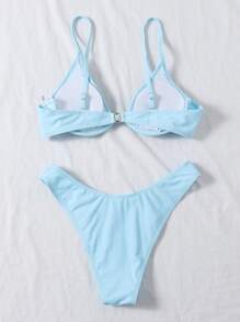 Smocked Underwire High Cut Bikini Set Summer Beach - Baby Blue - View 2