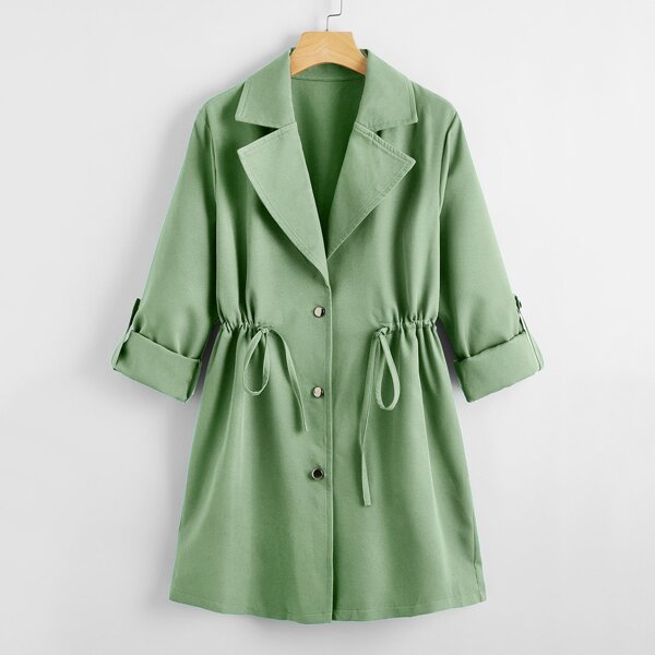 

Drawstring Waist Button Up Coat, Mint green