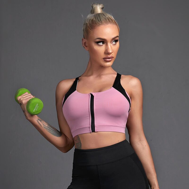 

Zip Up Criss Cross Back Sports Bra, Pink