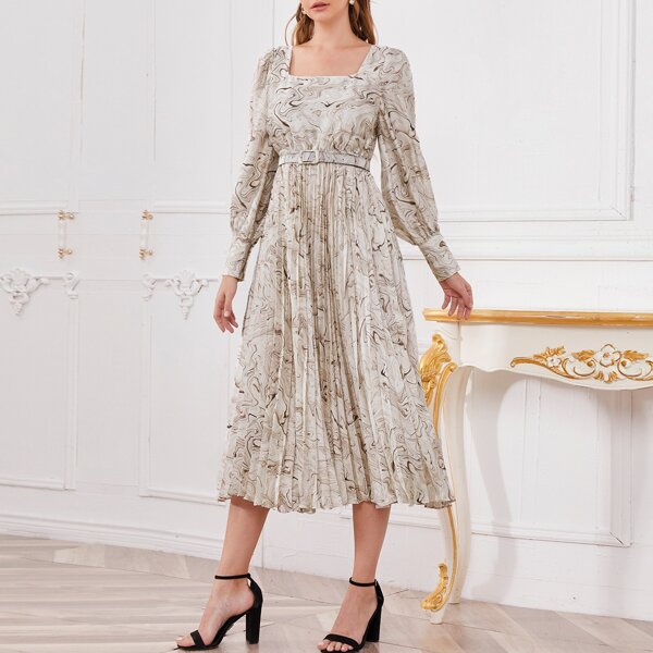 

Lantern Sleeve Pleated Marble Print Belted Dress, Multicolor