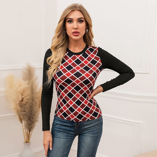 

Round Neck Plaid Colorblock Tee, Multicolor