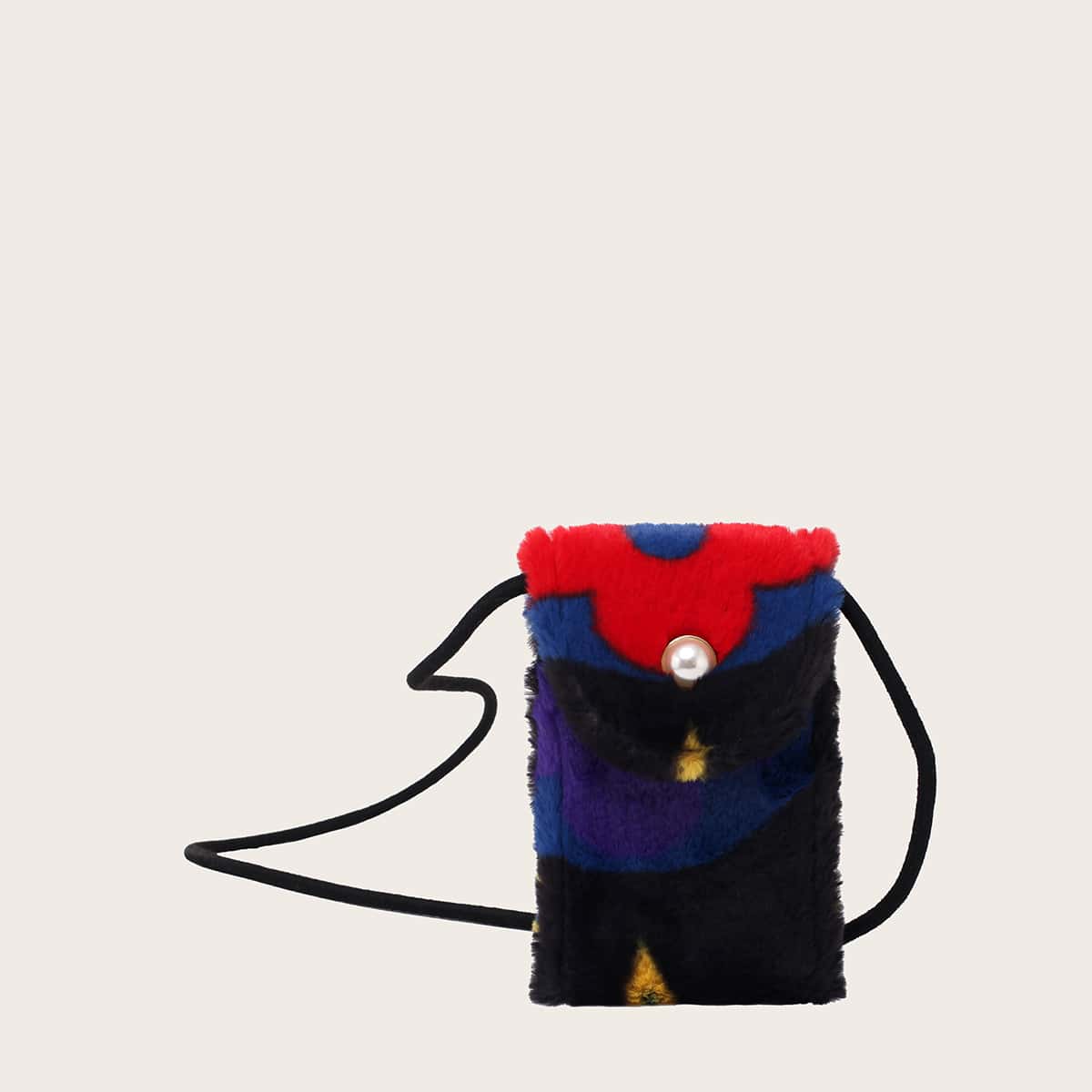 

Colorblock Fluffy Crossbody Phone Bag, Black