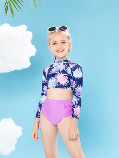 بذلة واقية من الشمس بخصر عالي بنقشة زهور للفتيات المراهقات، للشاطئ الصيفي