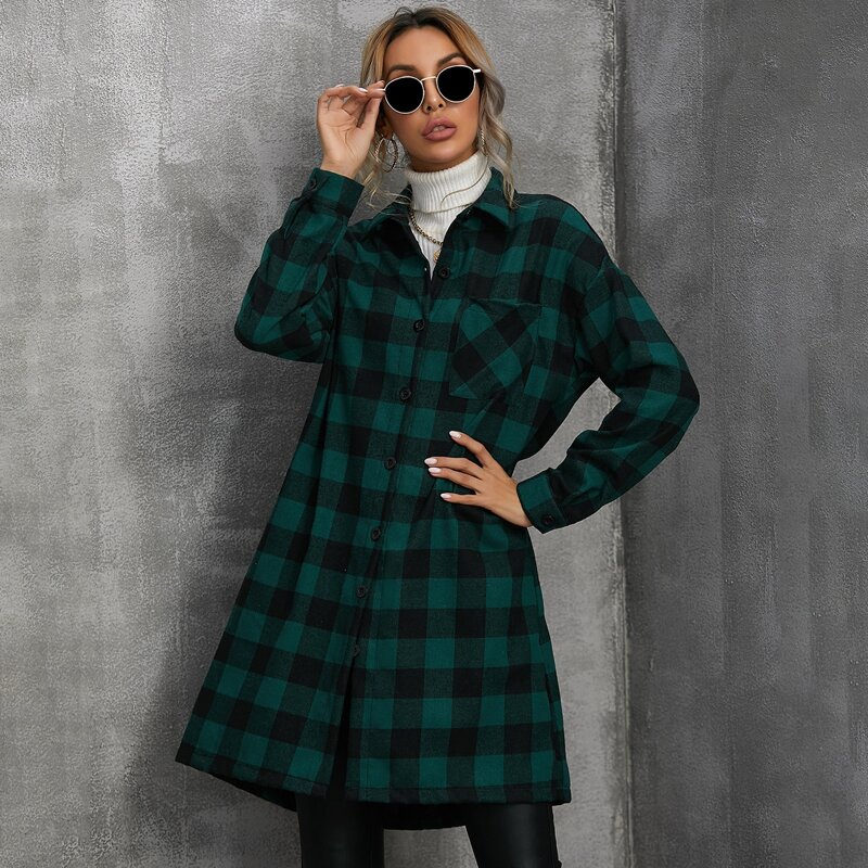 

Patch Pocket Drop Shoulder Gingham Coat, Dark green
