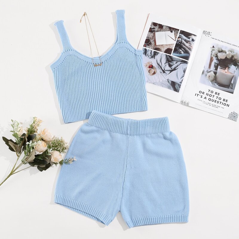 

Solid Ribbed Knit Top With Shorts, Baby blue