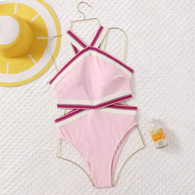 

Stripe Cut-out Side One Piece Swimsuit, Baby pink