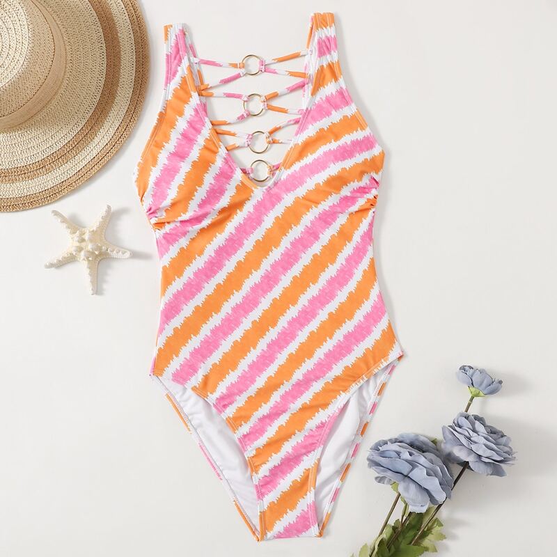 

Stripe Ring Linked One Piece Swimsuit, Multicolor