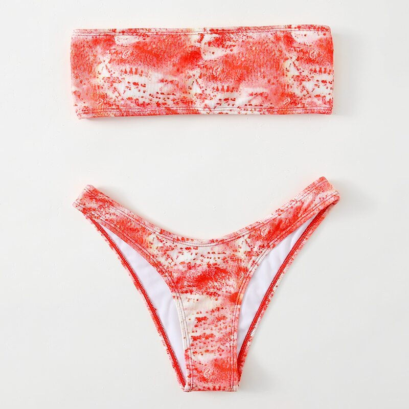

Ribbed Lace-up Bandeau Bikini Swimsuit, Red