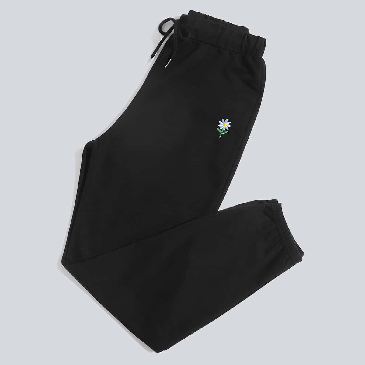 

Floral Embroidery Drawstring Sweatpants, Black