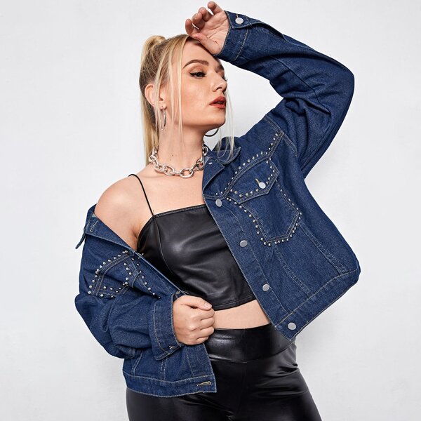 

Plus Button Front Flap Pocket Beaded Denim Jacket, Dark wash