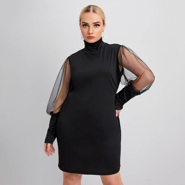 

Plus High Neck Contrast Mesh Sleeve Dress, Black