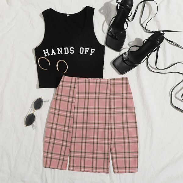 

Split Hem Tartan Skirt, Dusty pink