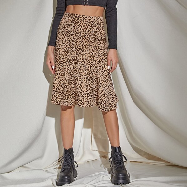 

Zip Side Ruffle Hem Leopard Skirt, Multicolor