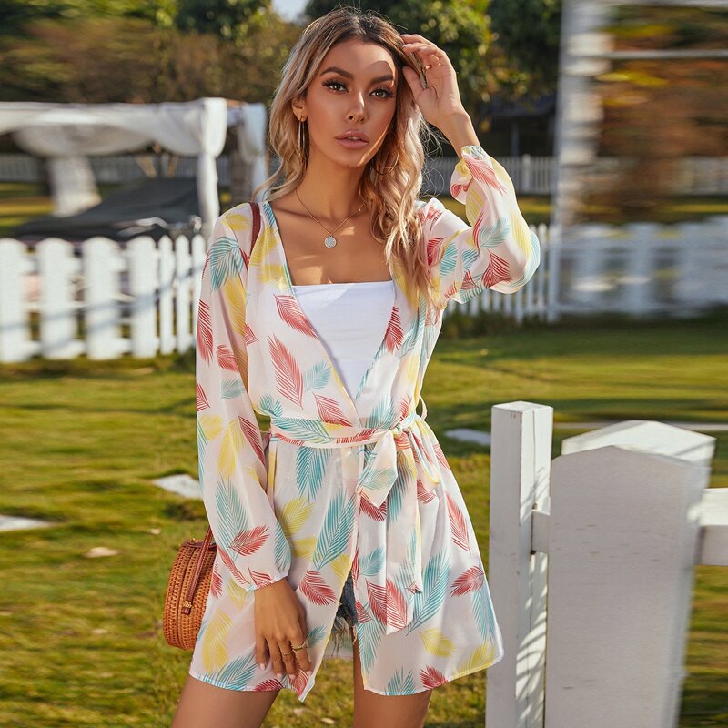 

Open Front Belted Tropical Kimono, Multicolor