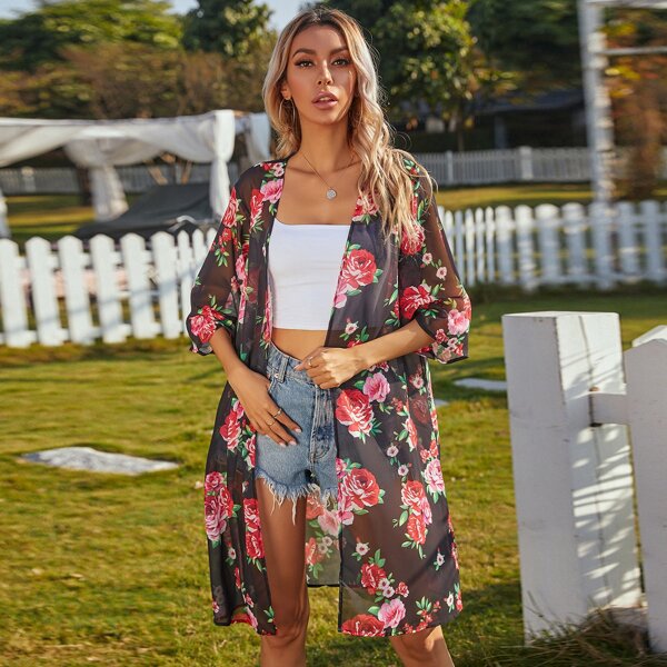 

Open Front Sheer Floral Kimono, Multicolor