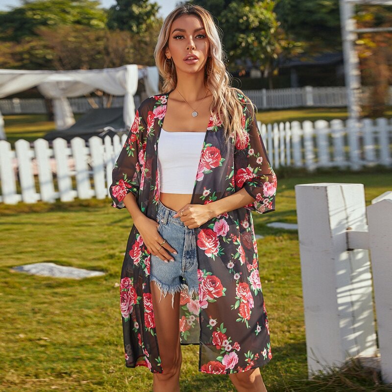 

Open Front Sheer Floral Kimono, Multicolor