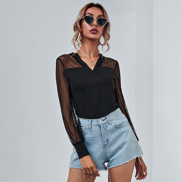 

Sheer Swiss Dot Yoke Top, Black