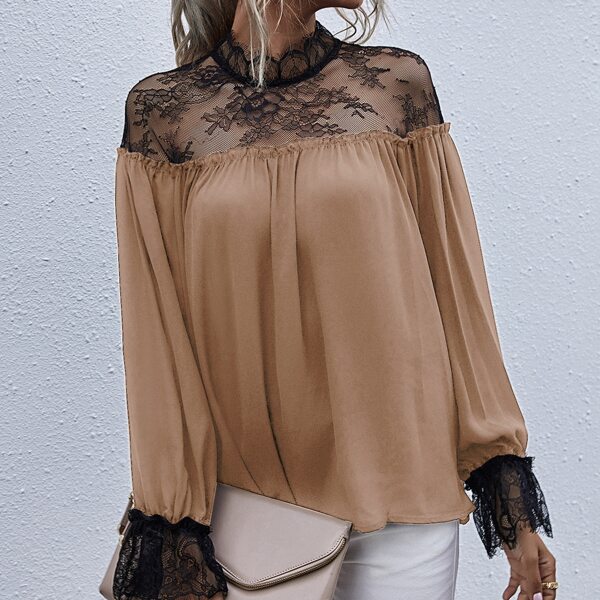 

Contrast Lace Keyhole Back Blouse, Camel