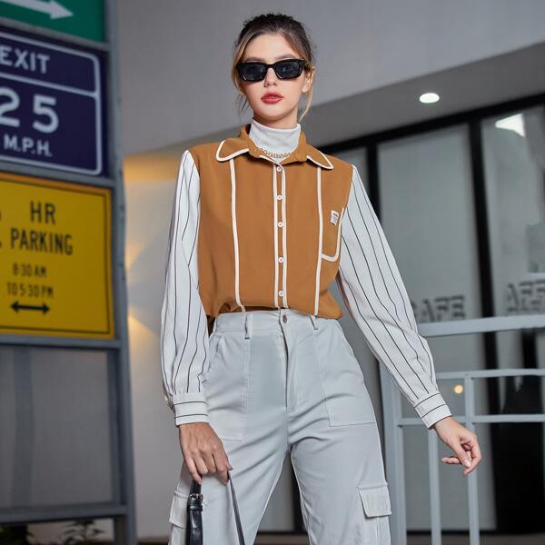 

Contrast Striped Sleeve Letter Patched Blouse, Brown