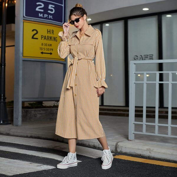 

Plaid Self Belted Shirt Dress, Yellow
