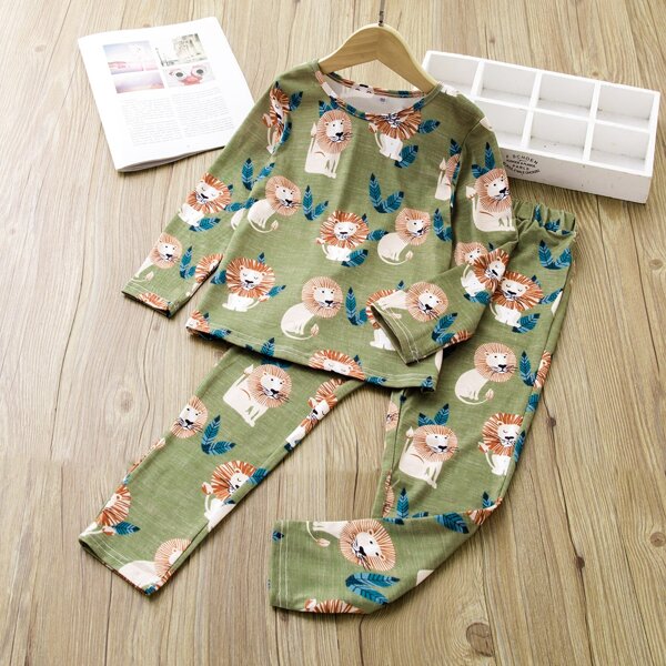 

Toddler Boys Cartoon Lion Print PJ Set, Green