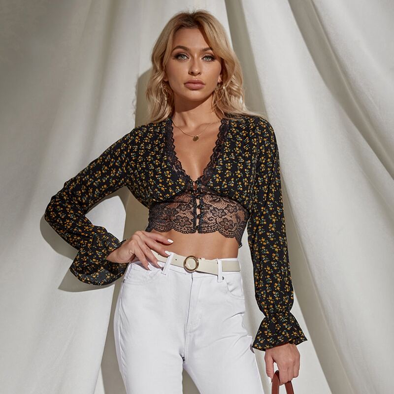 

Bell Sleeve Button Front Lace Trim Ditsy Floral Top, Black