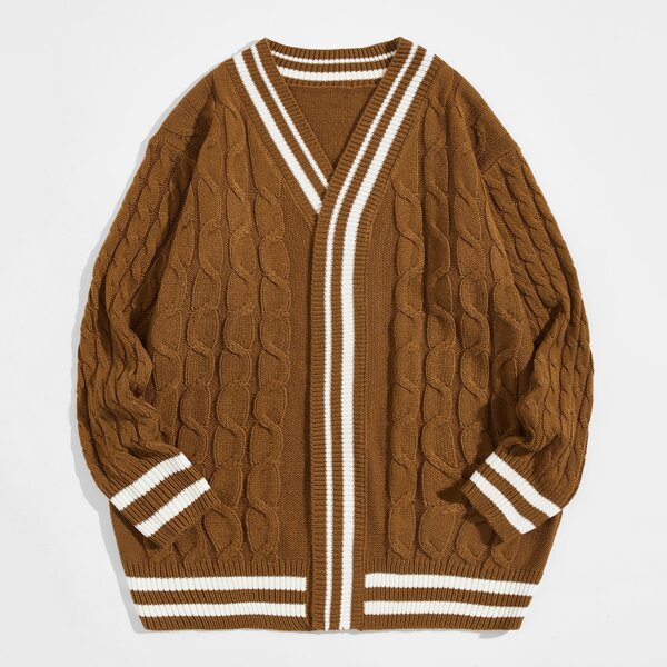 

Men Cable Knit Stripe Side Cardigan, Brown