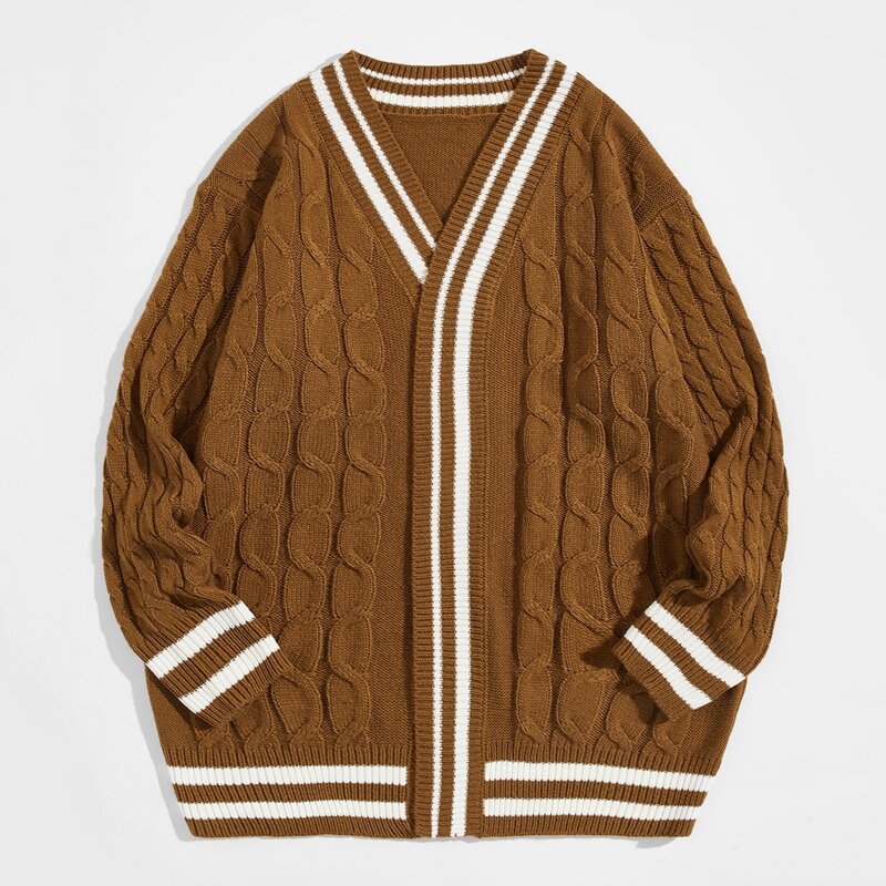 Guys Cable Knit Stripe Side Cardigan, Brown