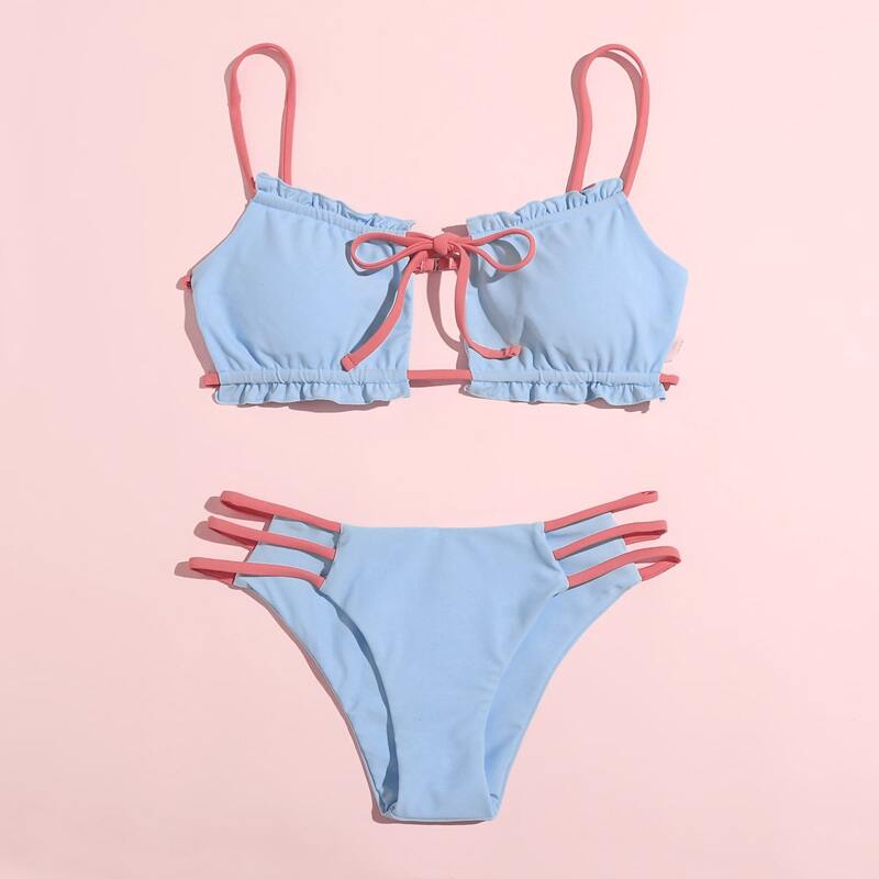 

Frill Trim Cut-out Bikini Swimsuit, Baby blue