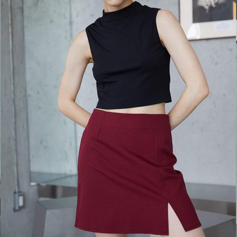 

Mock Neck Sleeveless Top & Plaid Skirt, Multicolor