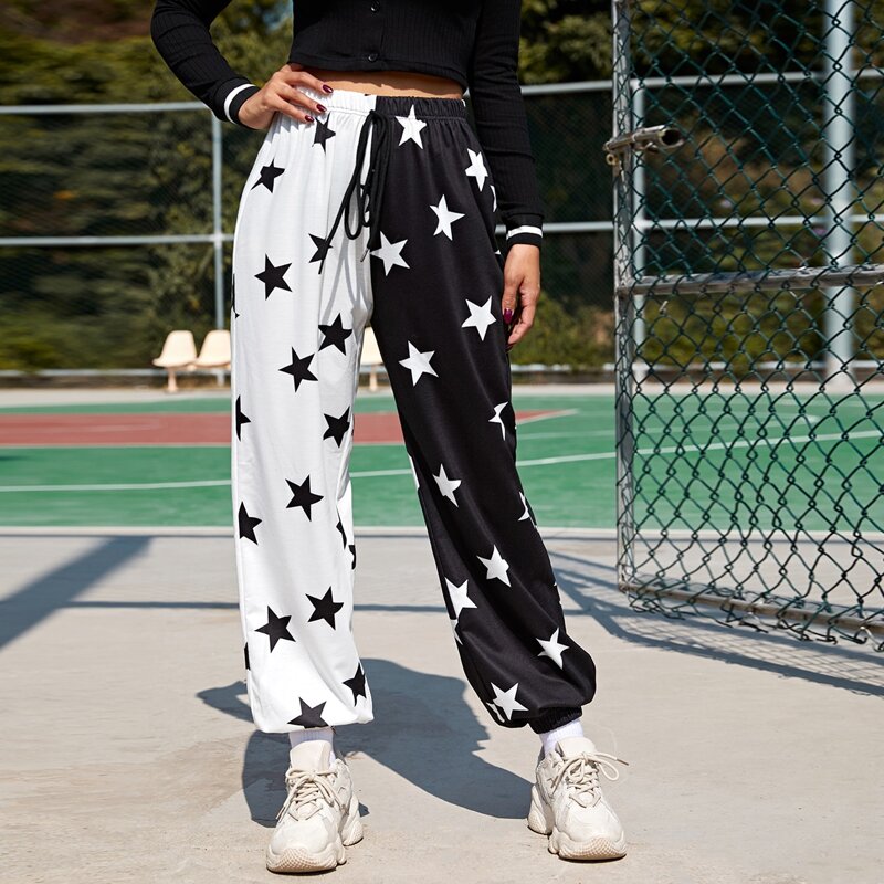 

Tie Waist Colorblock Star Joggers, Black and white