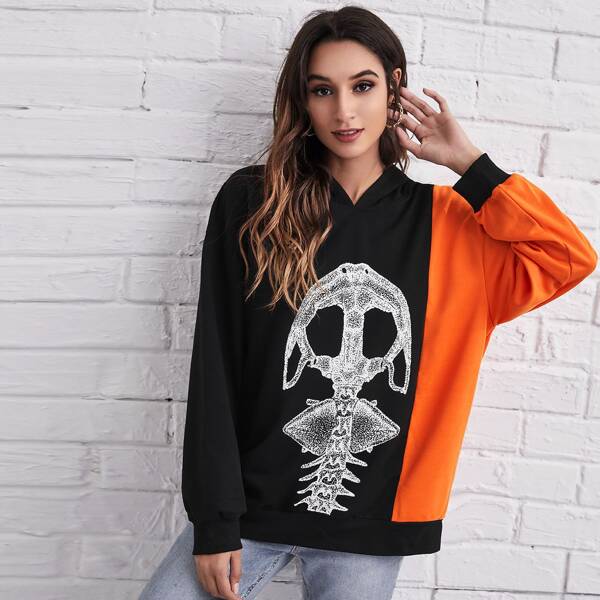 

Drop Shoulder Skeleton Print Colorblock Hoodie, Black