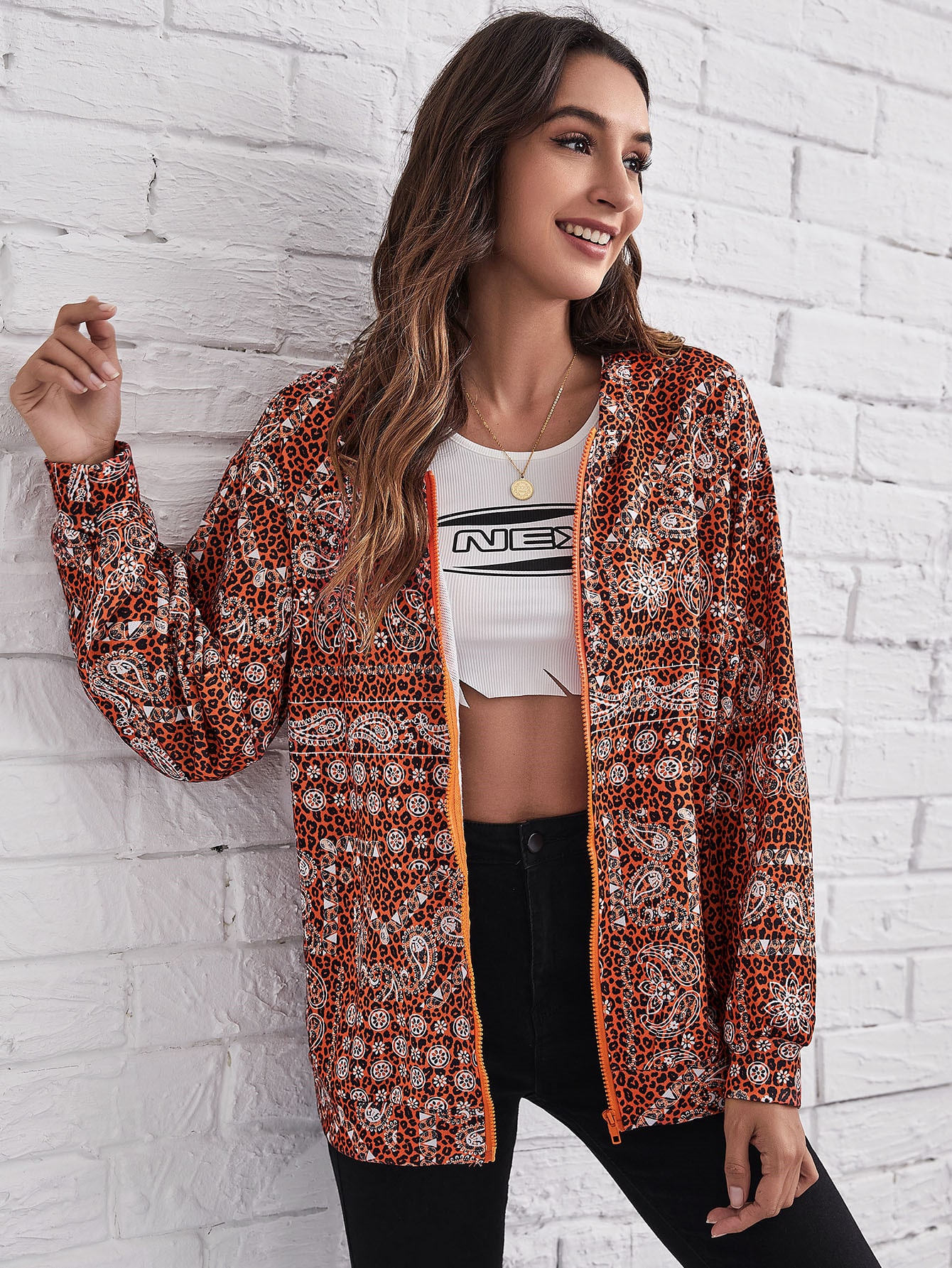 Paisley & Leopard Print Zipper Up Hooded Jacket thumbnail