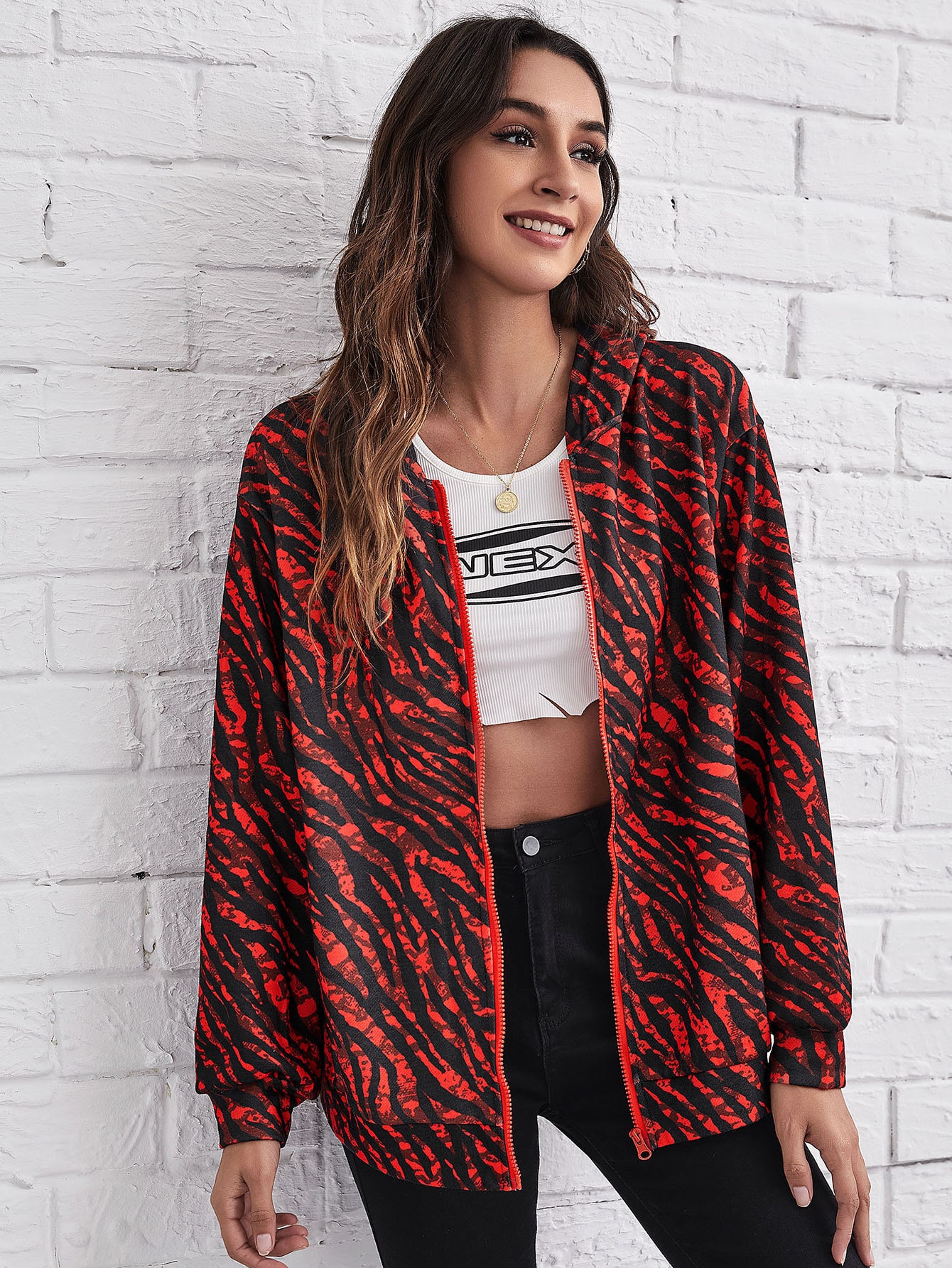 Drop Shoulder Allover Print Zipper Up Hooded Sweatshirt thumbnail