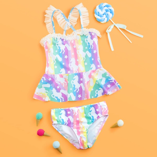 

Toddler Girls Unicorn & Striped Frill Trim Bikini Swimsuit, Multicolor