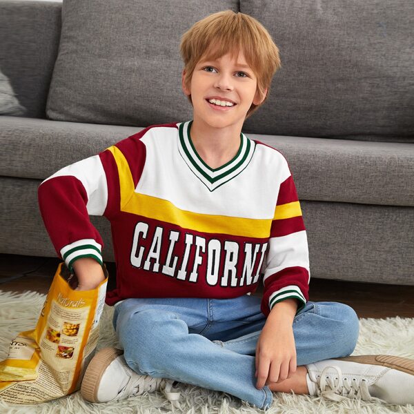 

Boys Striped Trim Letter Graphic Colorblock Pullover, Multicolor