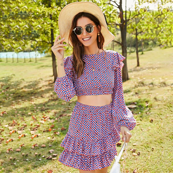 

Allover Geo Ruffle Trim Crop Blouse & Layered Skirt, Multicolor