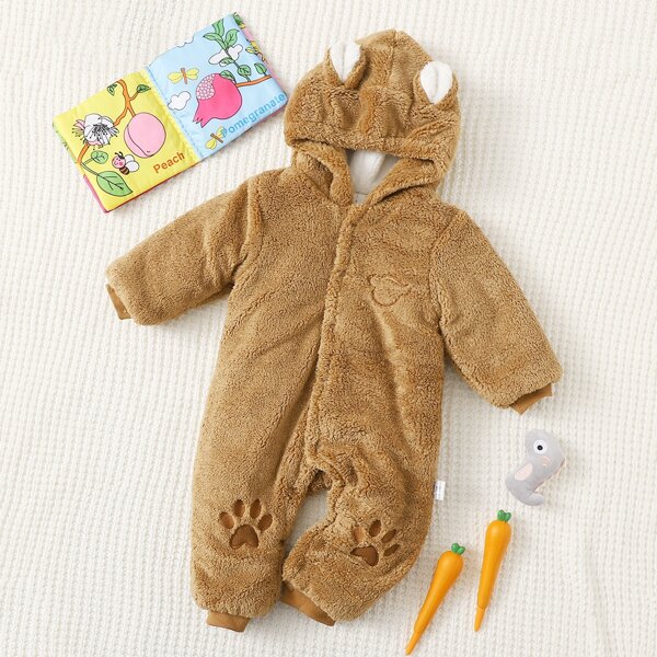 

Baby Unisex 3D Ear Patched Hooded Teddy Jumpsuit, Camel